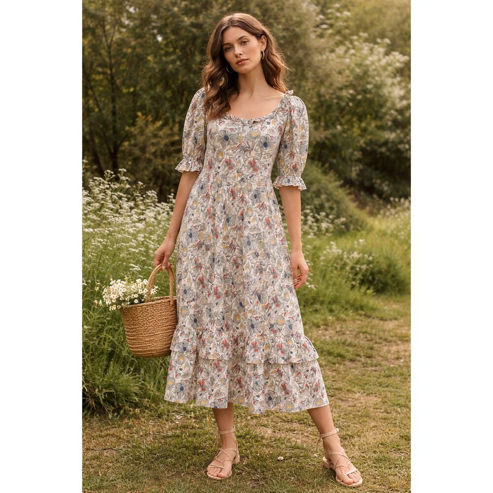 Meadows Floral Midi Dress Cottagecore Boho Ruffle Hem Puff Sleeve Romantic Sz 8